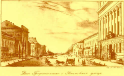 Дом Градоначальника и Ришельевская улица. Слева дом Рено. Начало XIX века. Справа дом Градоначальника.1828